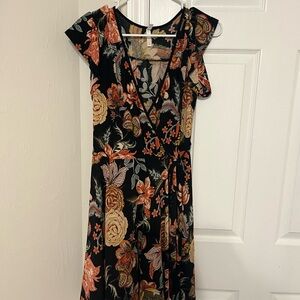 Xhilaration Black and Orange Maxi Sundress with Wrap and Ruffled Flutter Sleeves